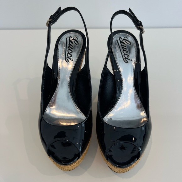 GUCCI BLACK PATENT LEATHER RAFFIA WEDGES SANDALS SIZE IT 37 / US 7 - Picture 9 of 17